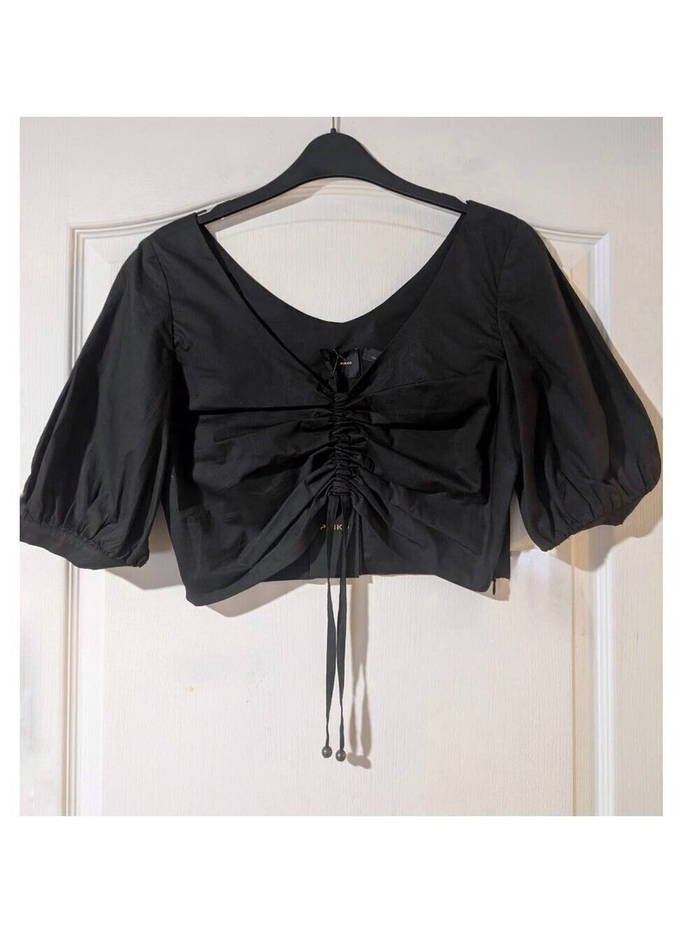 PINKO | Venezia Puff Sleeve Crop Top In Black - Picture 2 of 13